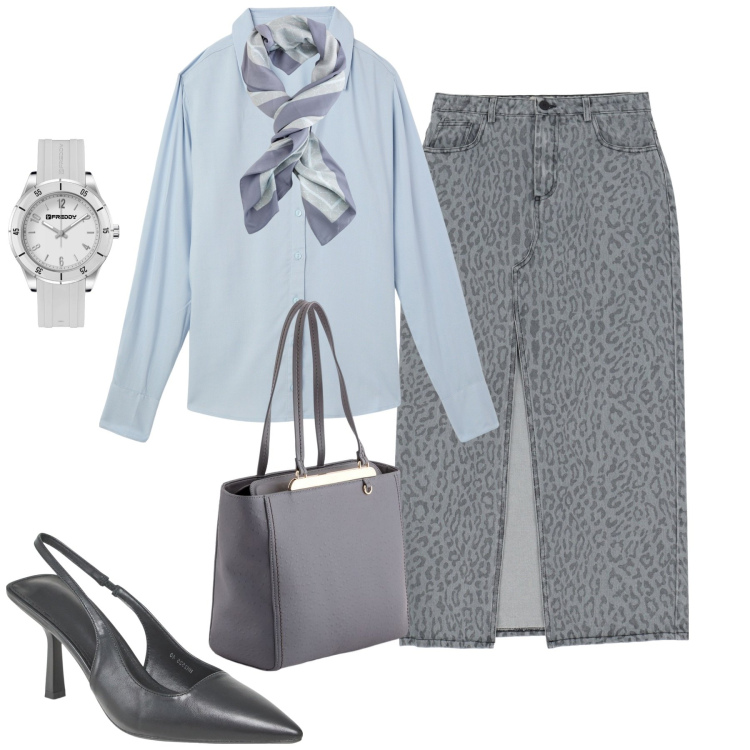 Outfit donna - City. Stile Urban per Tutti i giorni. Abbinamento con camicie, décolleté, orologi, gonne lunghe, shopping bag, foulard.