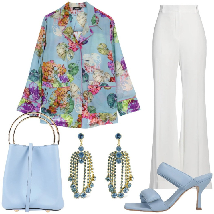 Outfit donna - L\'eleganza dei fiori. Stile Glamour per Cerimonia. Abbinamento con pantaloni, borse a mano, sandali in pelle, camicie, orecchini.