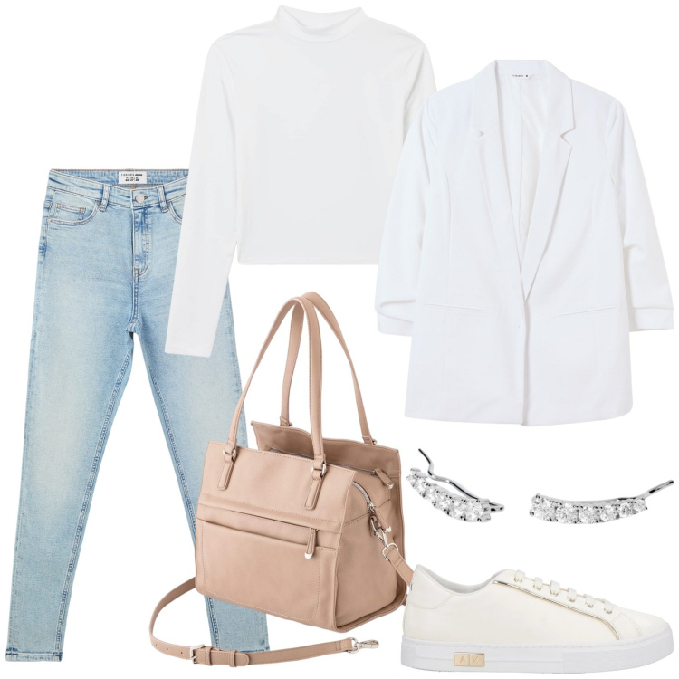 Outfit donna - Blazer bianco. Stile Basic per Scuola/Università. Abbinamento con sneakers, blazer, jeans skinny, t-shirt, orecchini, shopping bag.