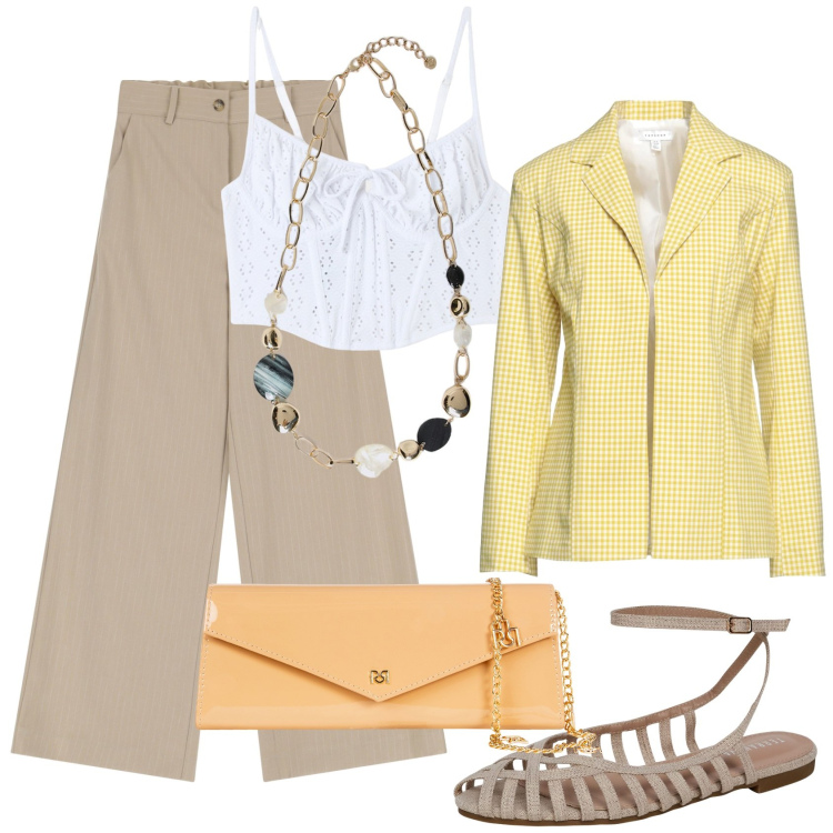 Outfit donna - Colori di primavera. Stile Casual chic per Tutti i giorni. Abbinamento con blazer, top, ballerine, pochette, pantaloni, collane.