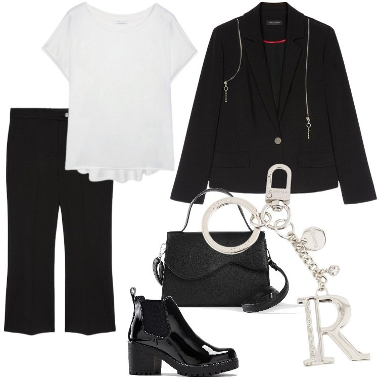 Outfit donna - Total look #2075690. Stile Rock per Serata fuori. Abbinamento con stivaletti, borse a tracolla, bluse, blazer, pantaloni, portachiavi.