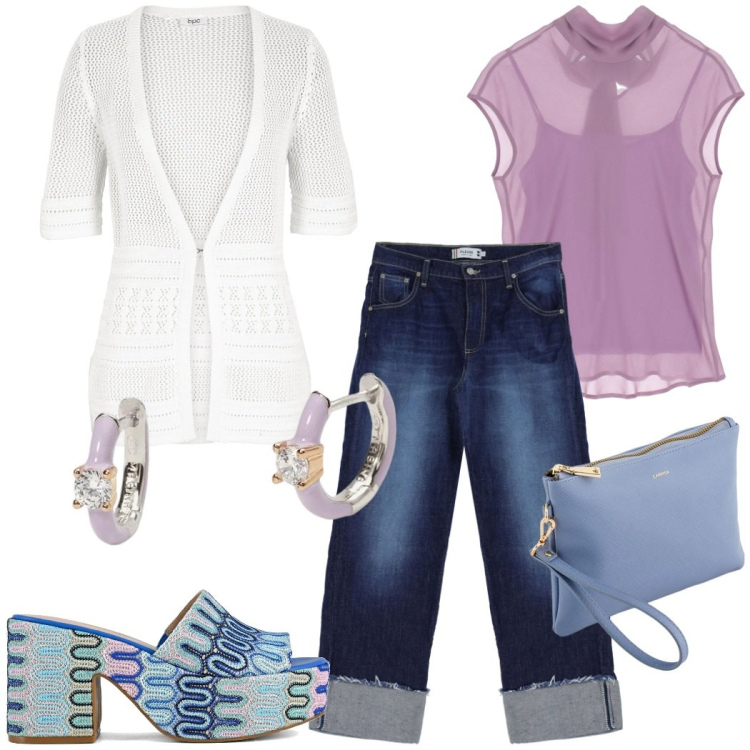 Outfit donna - Denim e colori pastello. Stile Casual chic per Tutti i giorni. Abbinamento con cardigans, orecchini, jeans, top, sabot, pochette.