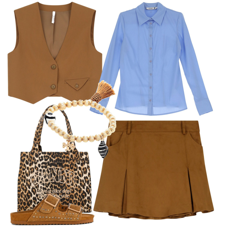 Outfit donna - City. Stile Urban per Tutti i giorni. Abbinamento con braccialetti, camicie, minigonne, gilet, sandali, shopping bag.