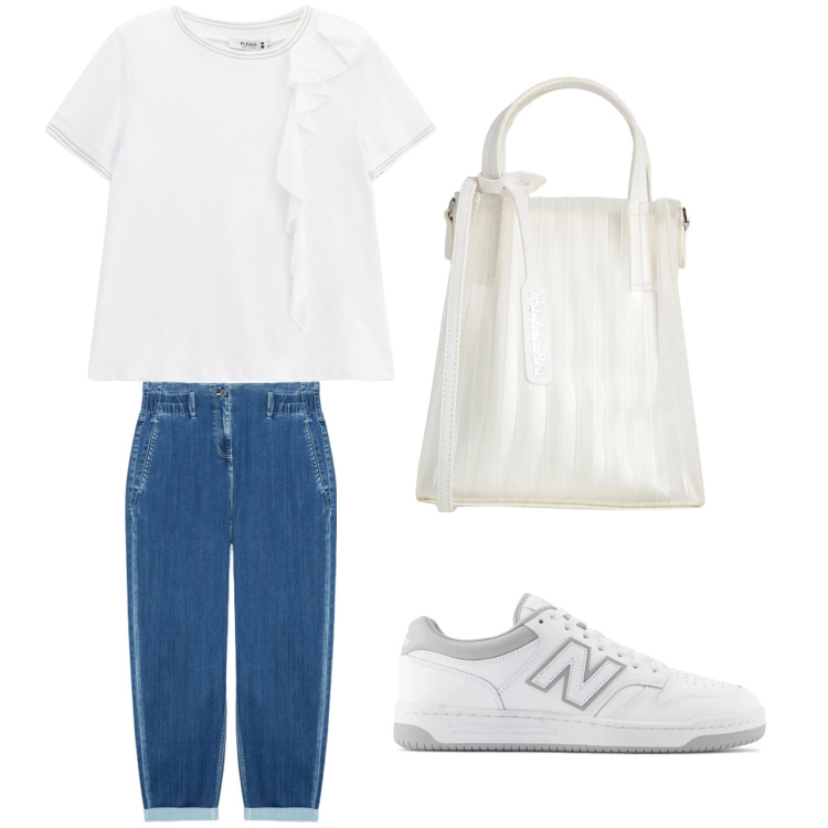 Outfit donna - Aperitivo. Stile Trendy per Tutti i giorni. Abbinamento con borse a mano, sneakers, t-shirt, jeans.