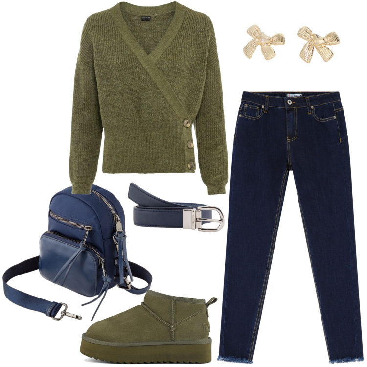 Outfit donna - Total look #2075709. Stile Casual per Tutti i giorni. Abbinamento con maglieria, jeans skinny, orecchini, stivaletti, cinture, borse a tracolla.