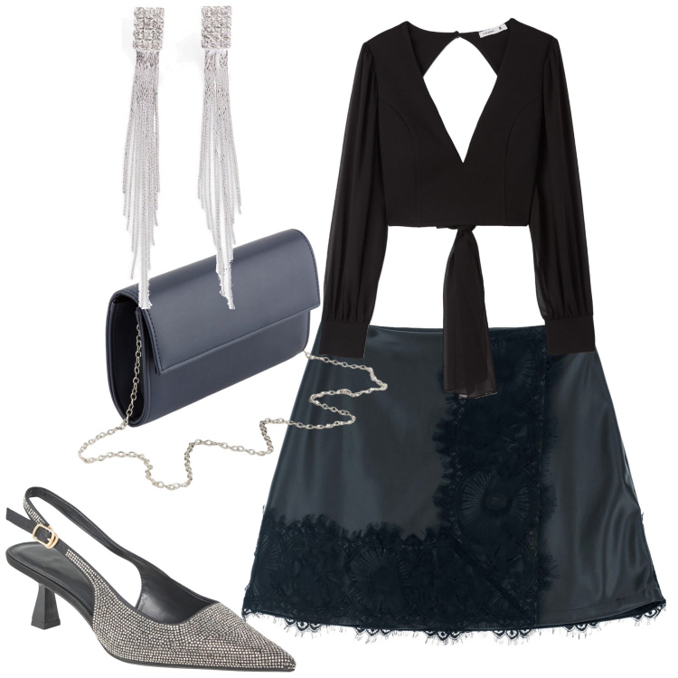 Outfit donna - Serata. Stile Trendy per Serata fuori. Abbinamento con orecchini, bluse, décolleté, minigonne, pochette.