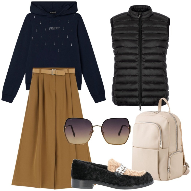 Outfit donna - Outfit ufficio. Stile Casual chic per Ufficio. Abbinamento con mocassini, occhiali da sole, pantaloni a palazzo, felpe con cappuccio, piumini, zaini.