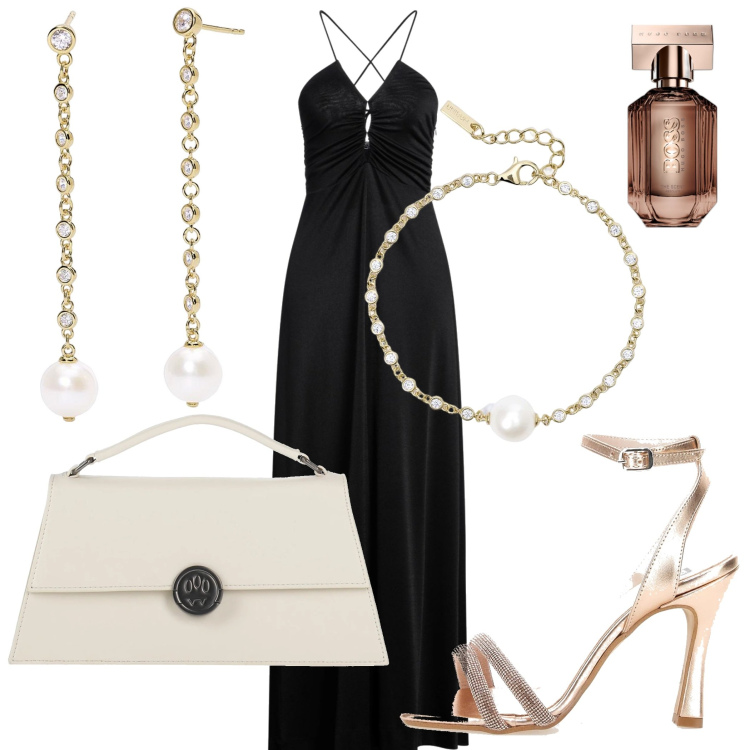 Outfit donna - Sera d\'estate. Stile Glamour per Serata fuori. look ideale per Petite. Abbinamento con vestiti lunghi, borse a mano, profumi, orecchini, braccialetti, sandali col tacco.