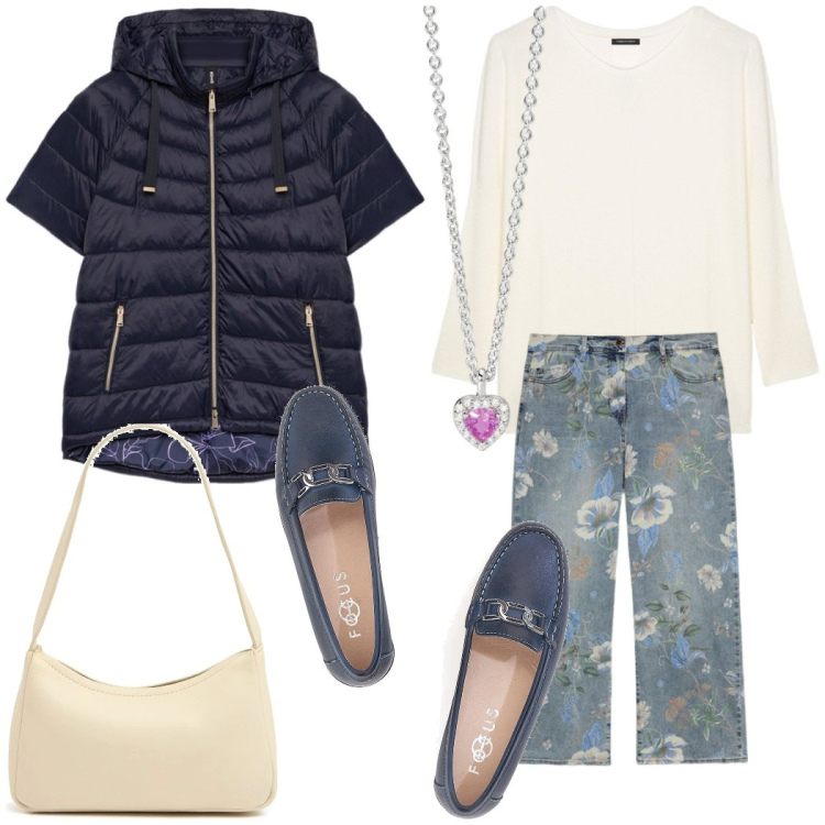 Outfit donna - Outfit ufficio. Stile Casual chic per Ufficio. Abbinamento con ciondoli, mocassini, piumini, jeans dritti, maglieria, borse a spalla.