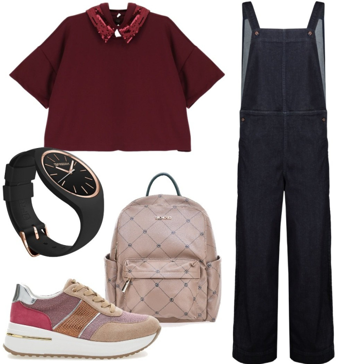 Outfit donna - A lezione. Stile Casual chic per Scuola/Università. Abbinamento con t-shirt, orologi, scarpe stringate, zaini, salopette.