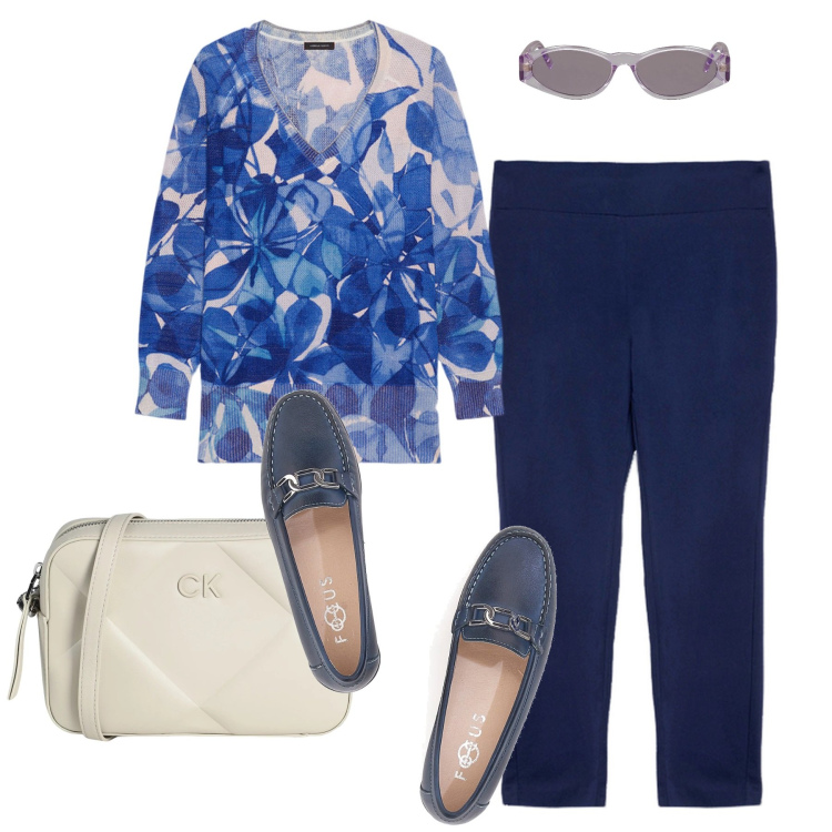 Outfit donna - City. Stile Urban per Tutti i giorni. Abbinamento con borse a tracolla, occhiali da sole, mocassini, maglieria, jeggings.