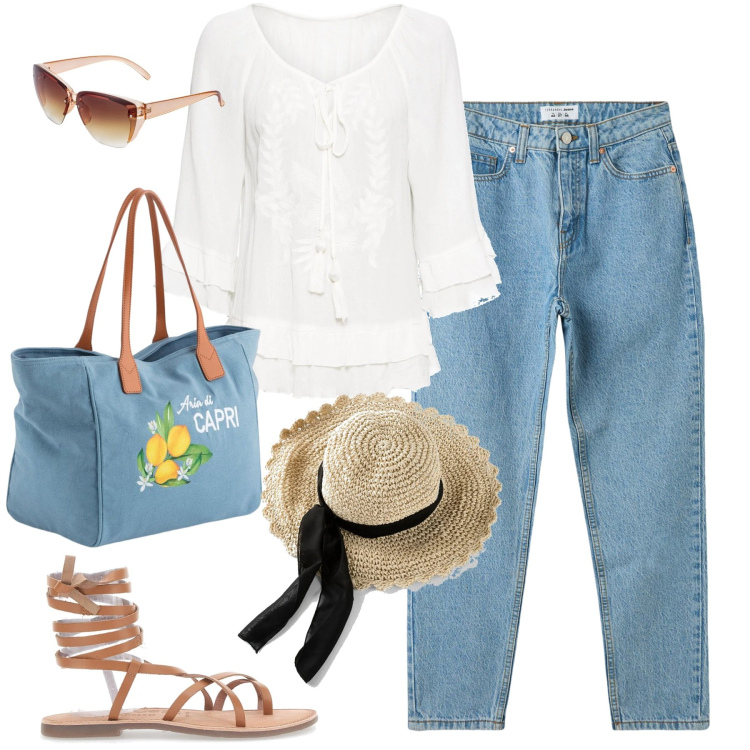 Outfit donna - Una gita al mare. Stile Romantica per Mare. Abbinamento con occhiali da sole, cappelli, tuniche, jeans mom, sandali alla schiava, shopping bag.