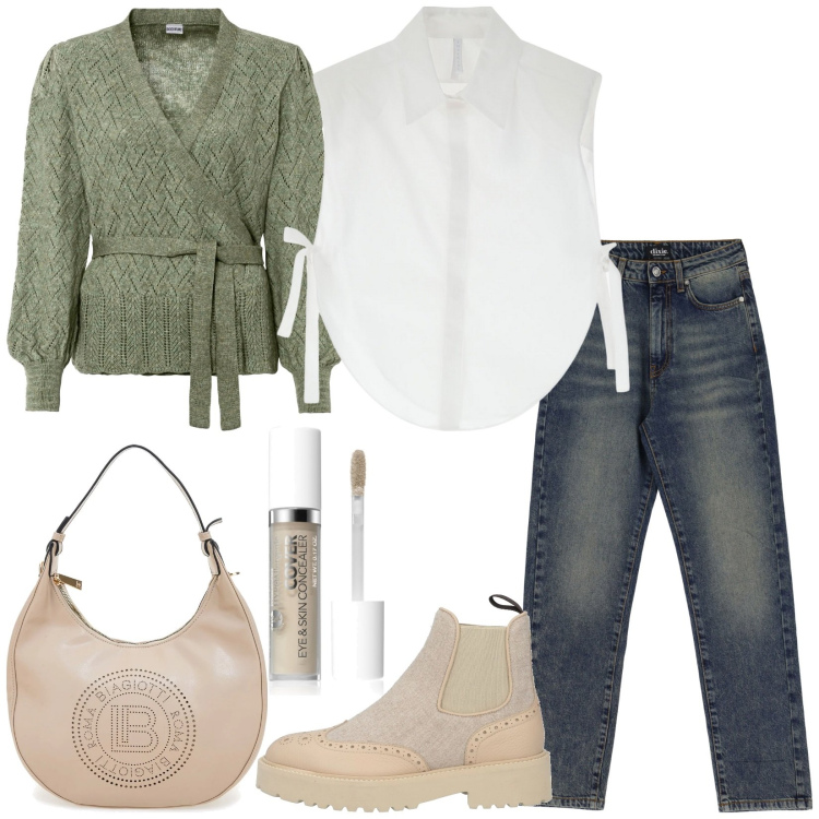 Outfit donna - Casual ricercato. Stile Casual per Tutti i giorni. Abbinamento con maglieria, stivaletti chelsea, correttori, camicie, jeans, borse a spalla.