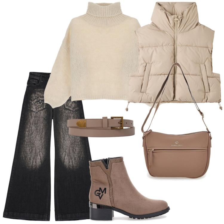 Outfit donna - Total look #2075739. Stile Casual per Tutti i giorni. Abbinamento con piumini, jeans a zampa, maglieria, stivaletti, cinture, borse a tracolla.