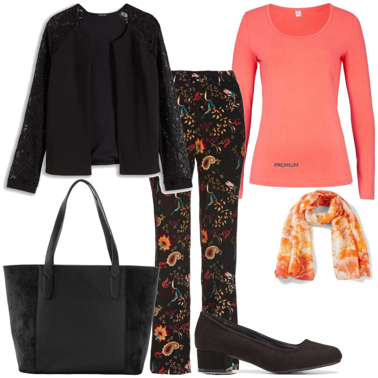 Outfit donna - A spasso in primavera. Stile Urban per Tutti i giorni. Abbinamento con blazer, t-shirt, shopping bag, décolleté, pantaloni, sciarpe.