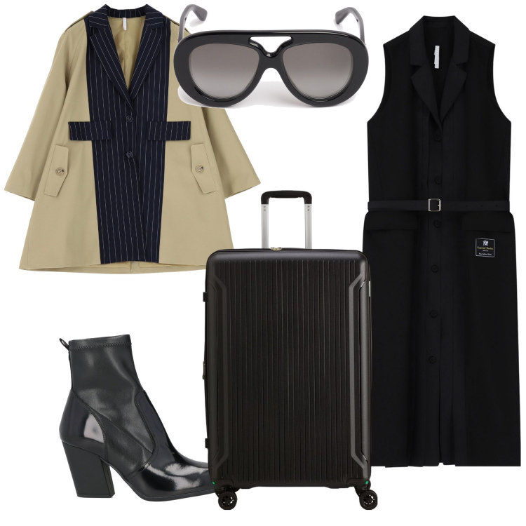Outfit donna - Viaggio dí signora. Stile Chic per Tutti i giorni. Abbinamento con stivaletti, vestiti chemisier, blazer, occhiali da sole, valigie.