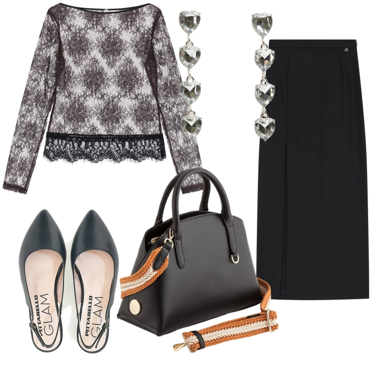 Outfit donna - Carnevale con lui. Stile Bon Ton per Serata fuori. Abbinamento con orecchini, top, gonne lunghe, ballerine, borse a mano.