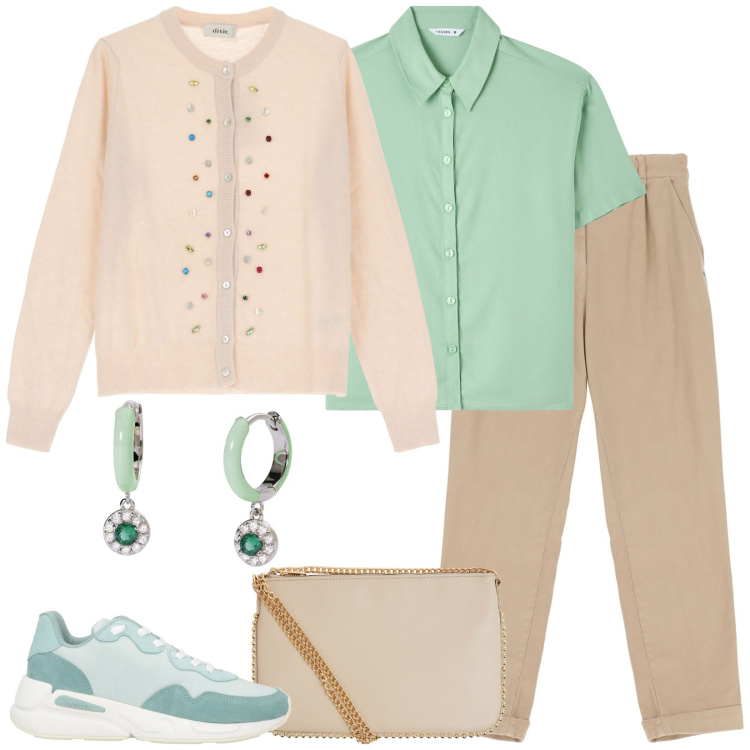 Outfit donna - Verde pastello. Stile Casual per Scuola/Università. Abbinamento con sneakers, camicie a manica corta, borse a tracolla, orecchini, pantaloni chino, cardigans.