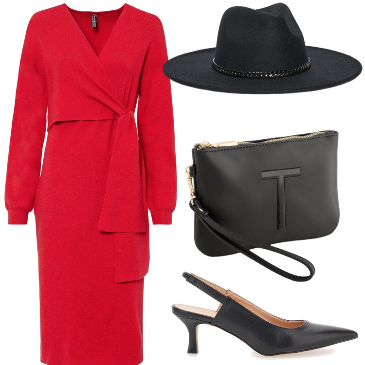 Outfit donna - Cerimonia in rosso. Stile Glamour per Cerimonia. Abbinamento con vestiti, décolleté, cappelli, pochette.