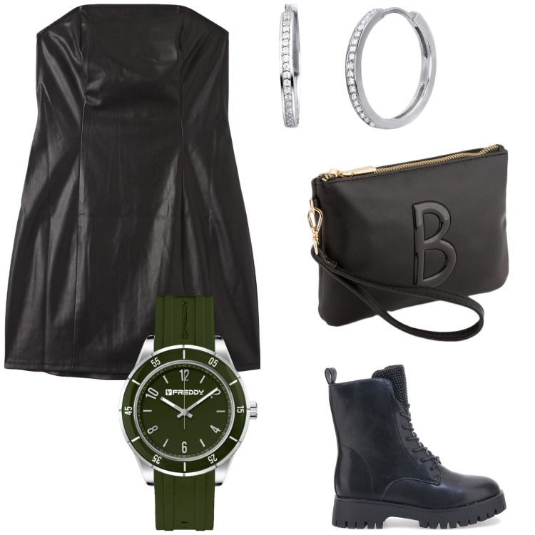Outfit donna - Martedì grasso rock. Stile Rock per Serata fuori. Abbinamento con vestiti midi/longuette, orecchini, orologi, anfibi, pochette.