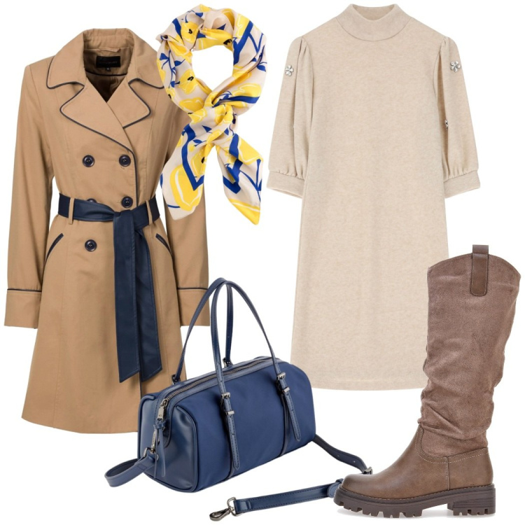 Outfit donna - Outfit ufficio. Stile Casual chic per Ufficio. Abbinamento con trench, vestiti corti, stivali, foulard, borse a mano.