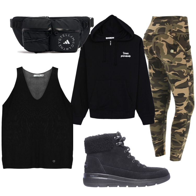 Outfit donna - Total look. Stile Military per Tutti i giorni. Abbinamento con top, felpe con cappuccio, pantaloni skinny, stivaletti, marsupi.