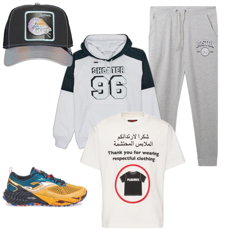 Outfit uomo - Sportivo. Stile Casual per Sport. Abbinamento con pantaloni sportivi, scarpe sportive, felpe con cappuccio, cappelli con visiera, t-shirt.