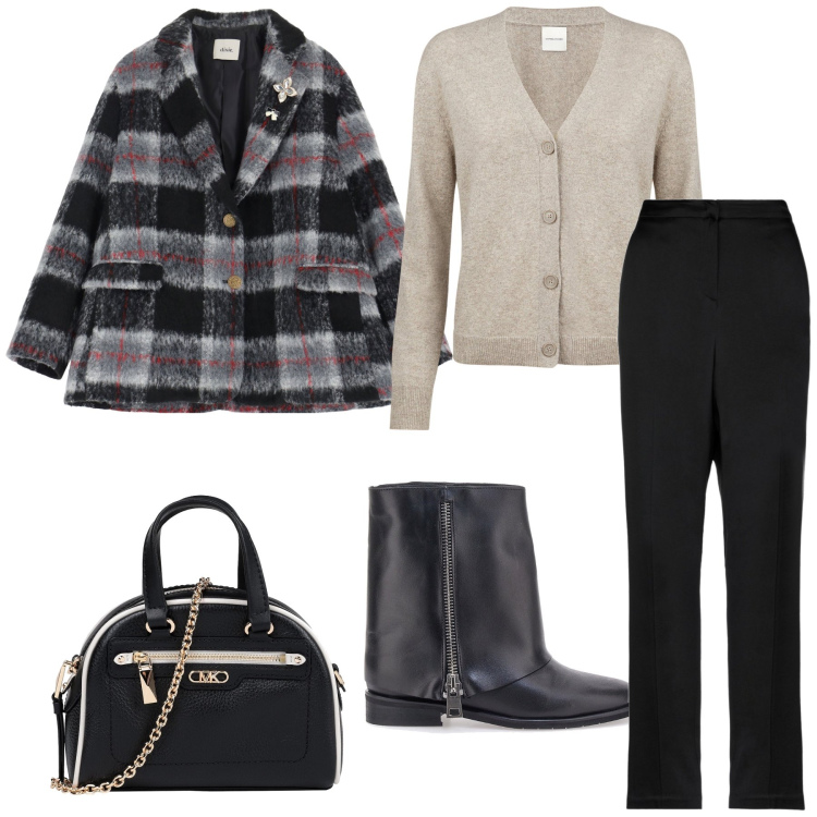 Outfit donna - Total look. Stile Urban per Tutti i giorni. Abbinamento con pantaloni, borse a mano, blazer, cardigans, stivaletti.