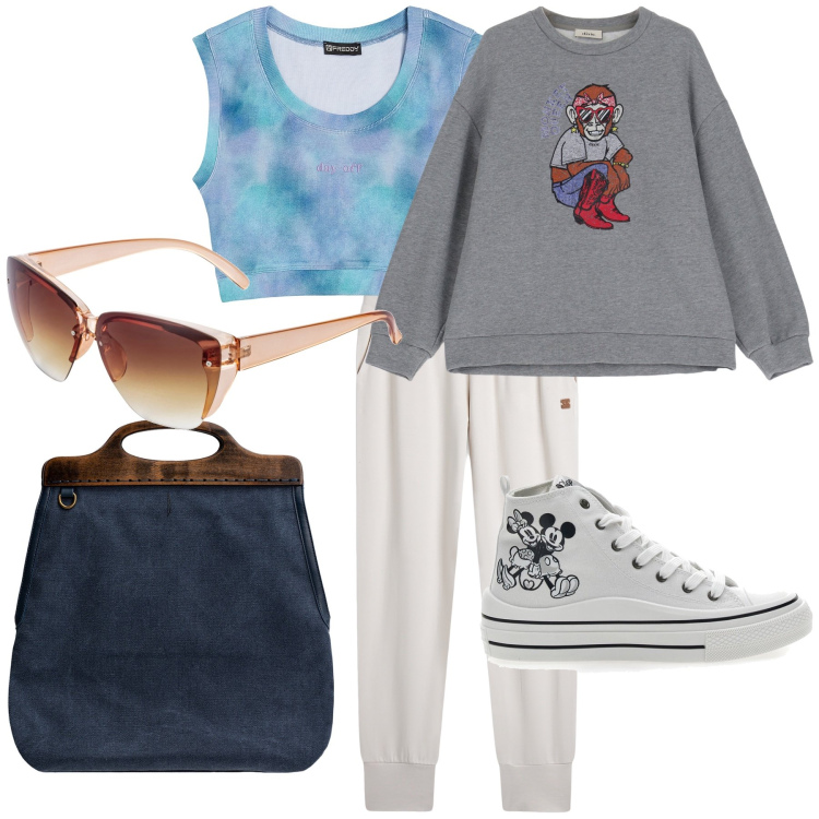 Outfit donna - Al parco col pelosetto. Stile Casual per Tutti i giorni. Abbinamento con occhiali da sole, top, pantaloni, felpe, borse a tracolla, sneakers.