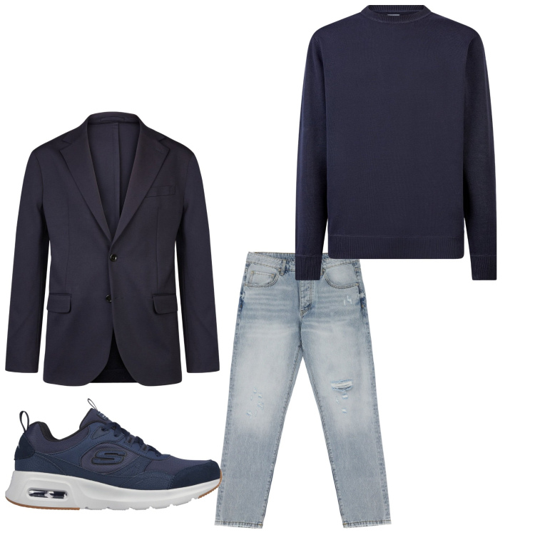 Outfit uomo - Blu in primavera. Stile Business/Elegante per Ufficio. Abbinamento con jeans strappati, sneakers, maglieria, giacche.