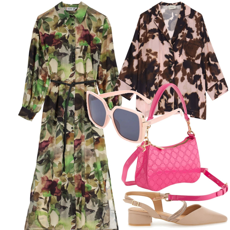 Outfit donna - Ufficio fiorito e colorato. Stile Trendy per Ufficio. Abbinamento con vestiti lunghi, blazer, décolleté, occhiali da sole, borse a tracolla.