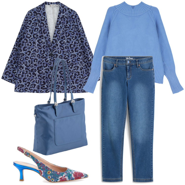 Outfit donna - Azzurra primavera. Stile Glamour per Ufficio. Abbinamento con jeans dritti, blazer, maglieria, décolleté, shopping bag.