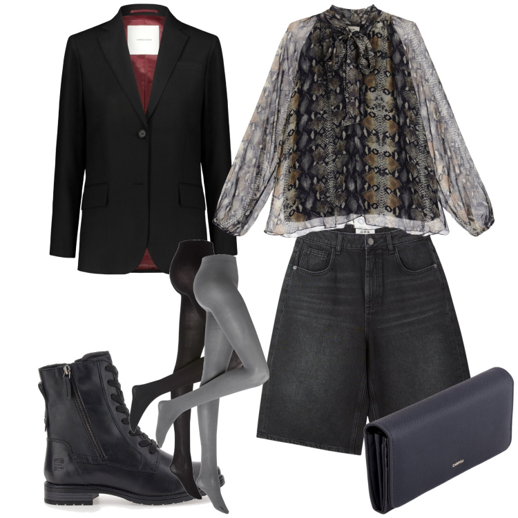 Outfit donna - Apericena in bermuda. Stile Glamour per Serata fuori. Abbinamento con collant, bermuda, camicie, blazer, anfibi, portafogli.