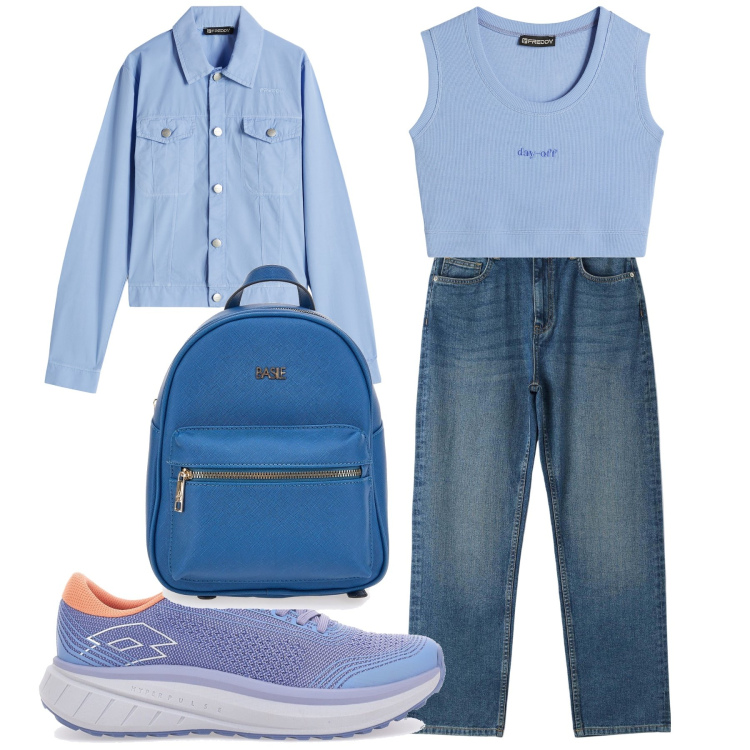 Outfit donna - Sempre w i jeans. Stile Basic per Tutti i giorni. Abbinamento con jeans dritti, blazer, top, zaini, sneakers.