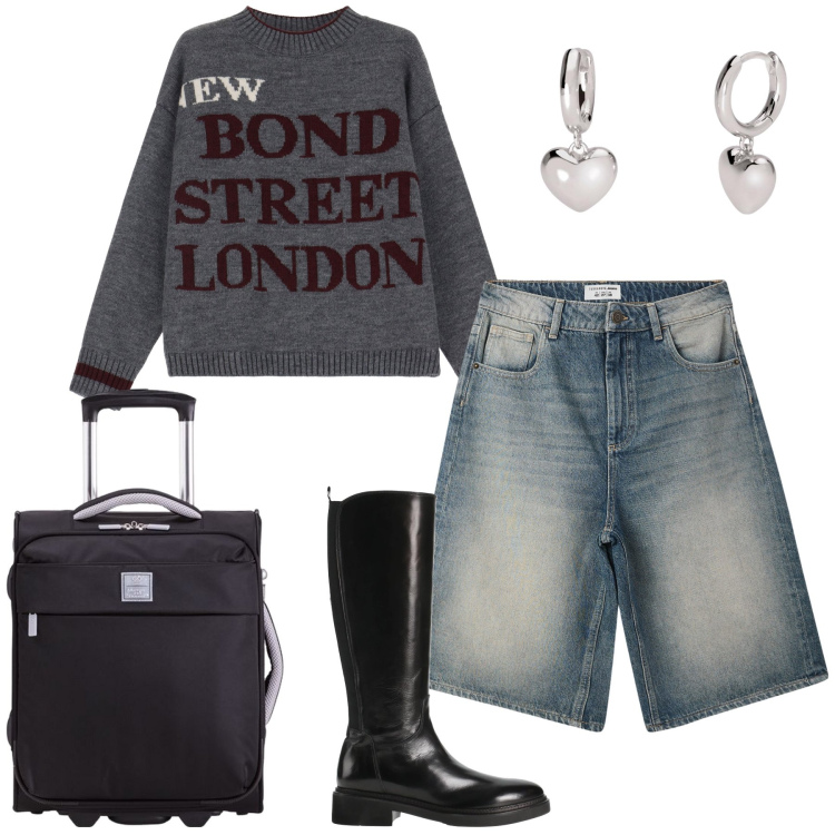 Outfit donna - Direction London. Stile Casual chic per Tutti i giorni. Abbinamento con stivali, bermuda, orecchini, maglieria, valigie.