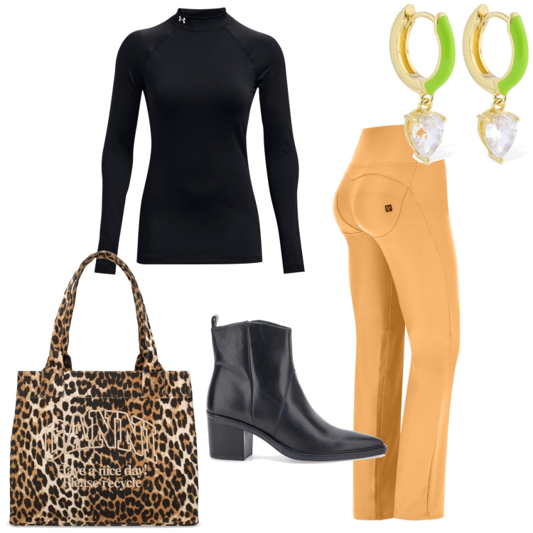 Outfit donna - Al bar di prima mattina. Stile Casual chic per Tutti i giorni. Abbinamento con pantaloni, pullovers, shopping bag, stivaletti, orecchini.