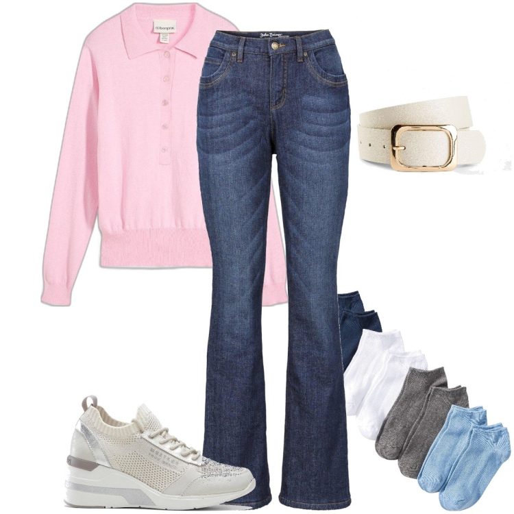 Outfit donna - Primavera basic. Stile Basic per Tutti i giorni. Abbinamento con jeans bootcut, sneakers, calzini, cinture, polo.