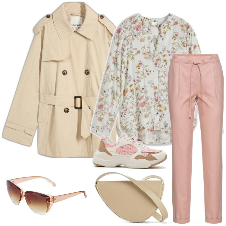 Outfit donna - Total look #2075832. Stile Casual per Tutti i giorni. Abbinamento con pantaloni, camicie, sneakers, trench, occhiali da sole, borse a tracolla.
