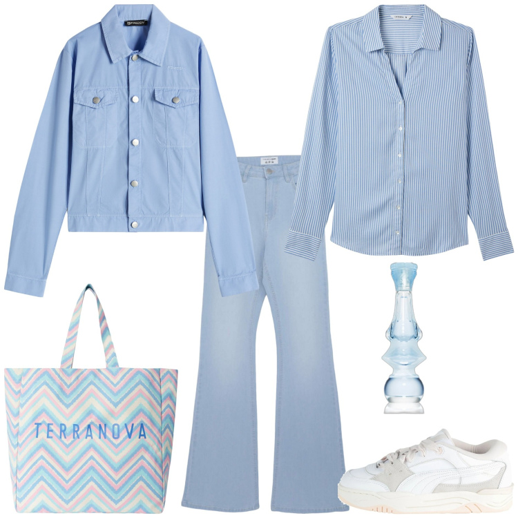Outfit donna - Pastel Power casual. Stile Casual per Tutti i giorni. Abbinamento con sneakers, profumi, camicie, borse tote, jeans a zampa, blazer.