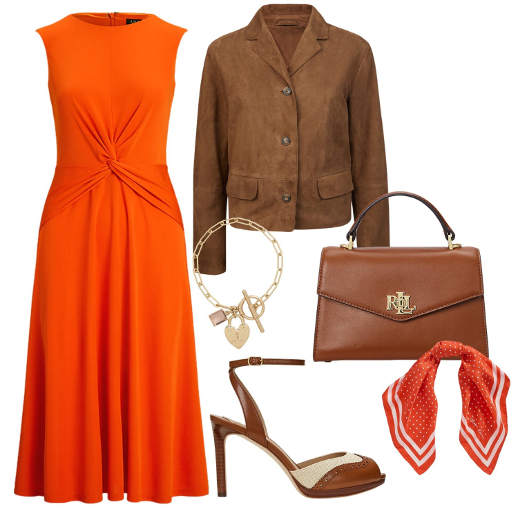 Outfit donna - Una donna chic. Stile Chic per Tutti i giorni. Abbinamento con borse a mano, vestiti, foulard, braccialetti, sandali in pelle, blazer.