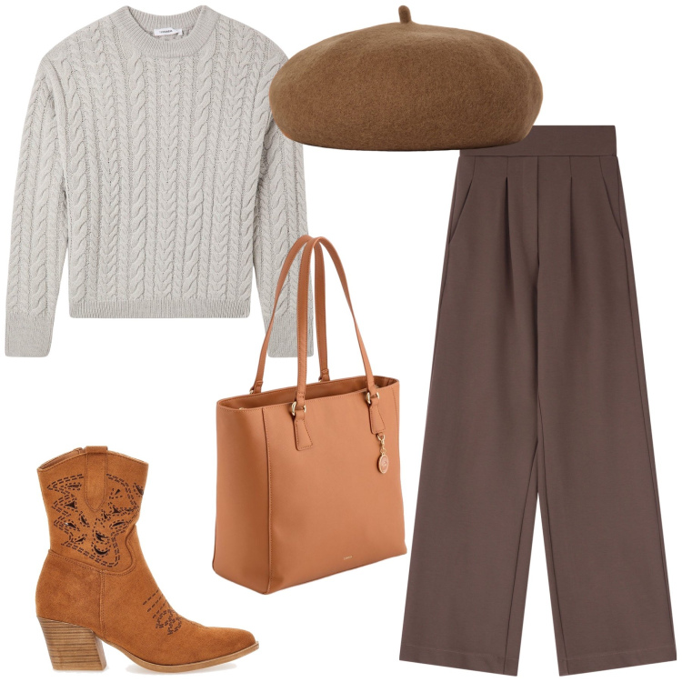 Outfit donna - Marzo. Stile Urban per Tutti i giorni. Abbinamento con maglieria, pantaloni, stivaletti texani, cappelli e berretti, shopping bag.