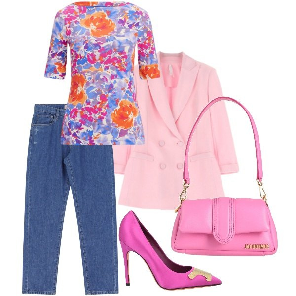 Outfit donna - la maglia a fiori. Stile Casual per Tutti i giorni. Abbinamento con décolleté, borse a mano, jeans dritti, blazer, t-shirt.