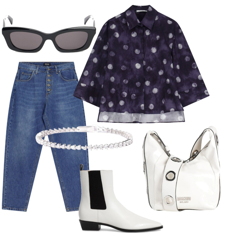Outfit donna - Una mattina a pois. Stile Casual chic per Tutti i giorni. Abbinamento con borse a tracolla, braccialetti, camicie, jeans, stivaletti chelsea, occhiali da sole.