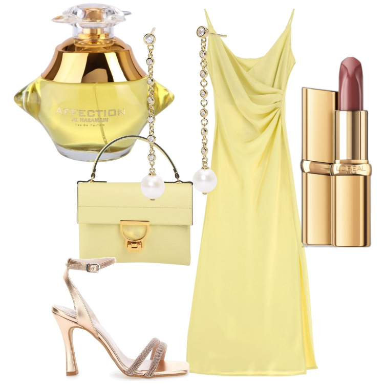 Outfit donna - Total look #2075849. Stile Minimal per Serata fuori. Abbinamento con borse a mano, rossetti, profumi, orecchini, vestiti midi/longuette, sandali col tacco.