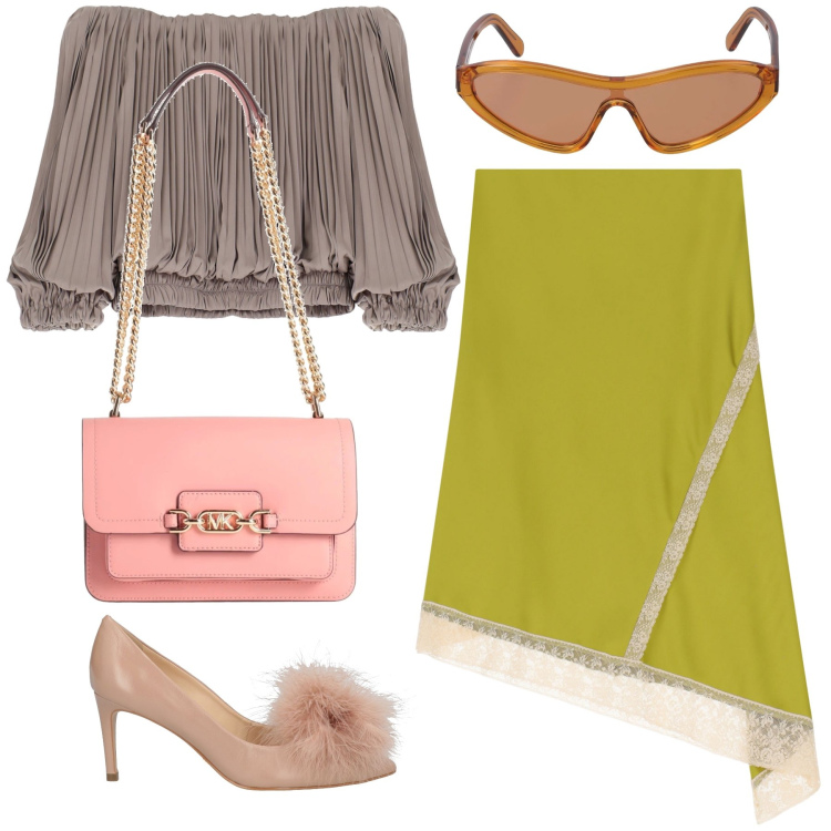 Outfit donna - Rosa piume pizzo e occhiali da diva. Stile Glamour per Serata fuori. Abbinamento con borse a spalla, décolleté, top, gonne longuette, occhiali da sole.