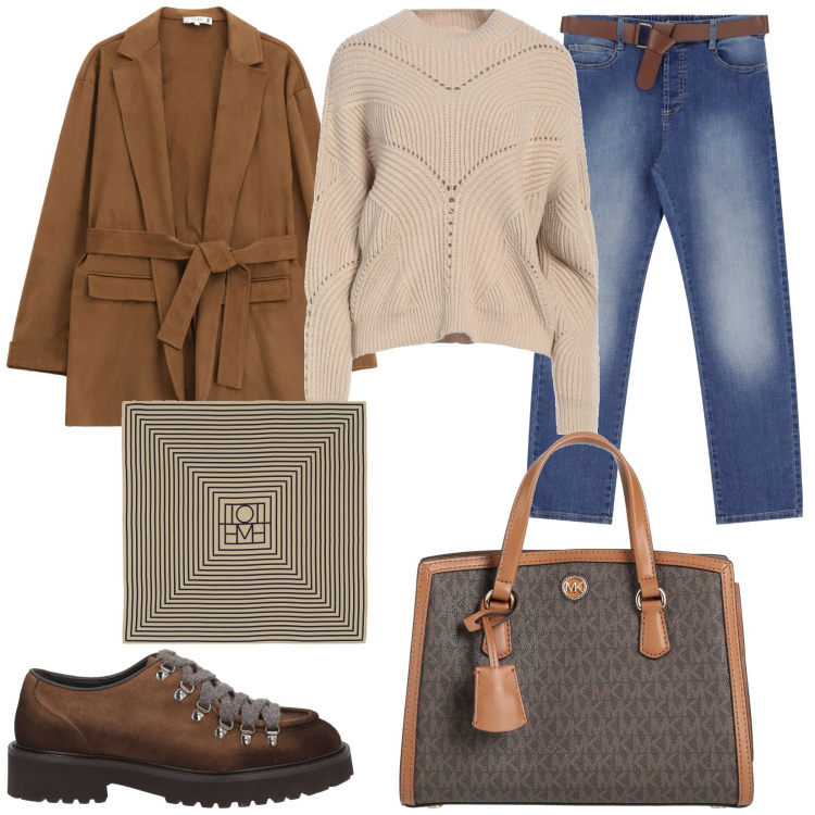 Outfit donna - Blazer di fine inverno. Stile Casual per Ufficio. Abbinamento con borse a mano, pullovers, scarpe stringate, jeans dritti, blazer, foulard.