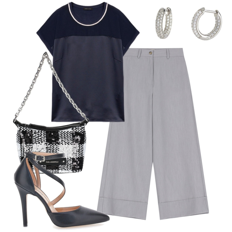 Outfit donna - City. Stile Chic per Tutti i giorni. Abbinamento con borse a mano, orecchini, pantaloni a palazzo, top, décolleté.