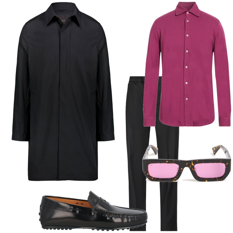 Outfit uomo - Impermeabile. Stile Trendy per Ufficio. Abbinamento con camicie, pantaloni, scarpe stringate, giacche, occhiali da sole.