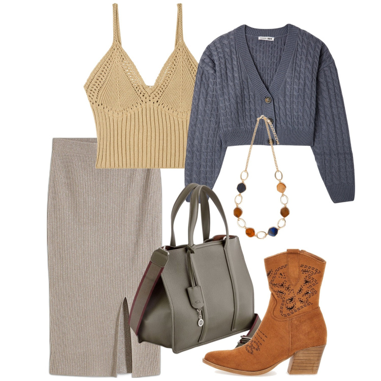 Outfit donna - Printemps. Stile Chic per Tutti i giorni. Abbinamento con gonne, top, cardigans, collane, stivaletti texani, shopping bag.