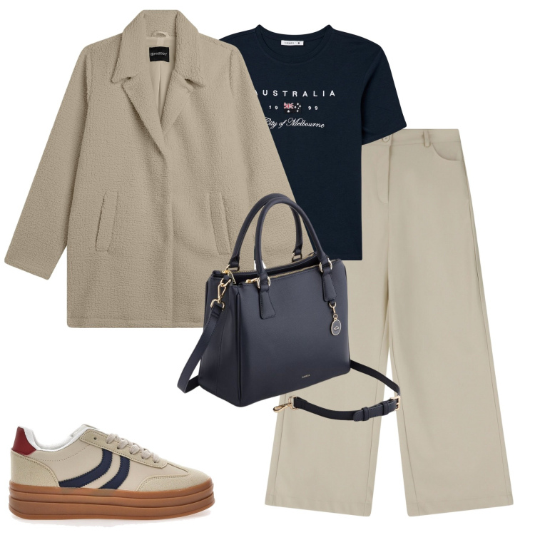 Outfit donna - City. Stile Urban per Tutti i giorni. Abbinamento con t-shirt, cappotti, pantaloni a palazzo, sneakers, borse a mano.
